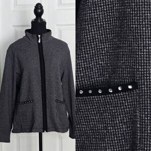 ALIA Petite Houndstooth Zip Jacket, Studded Pockets & Collar, Size PM/M